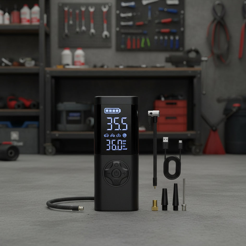 Digital tire pressure monitor with accessories on a white background