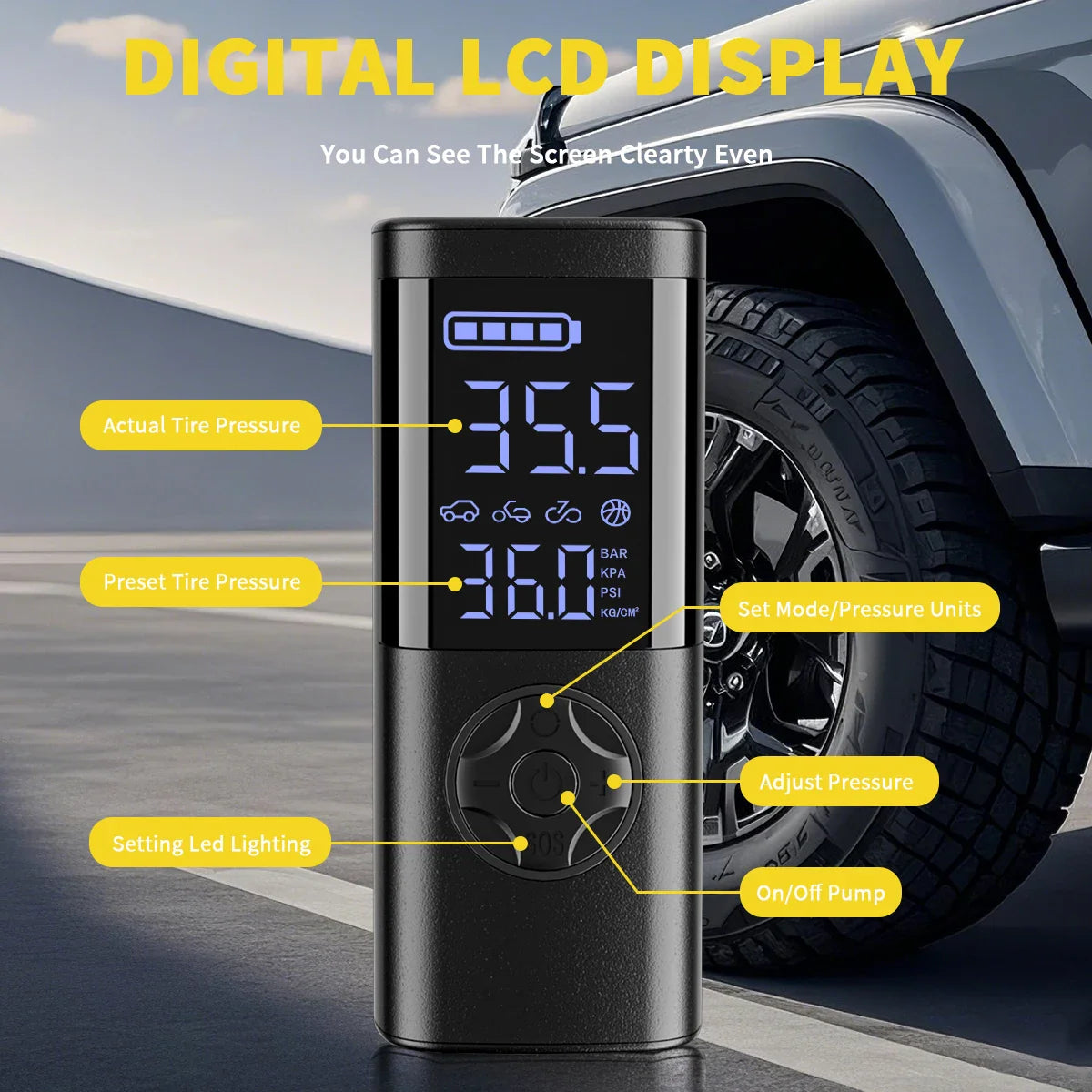 Cordless Digital Tire Inflator - Auto-Stop, 7-in-1 LED Display