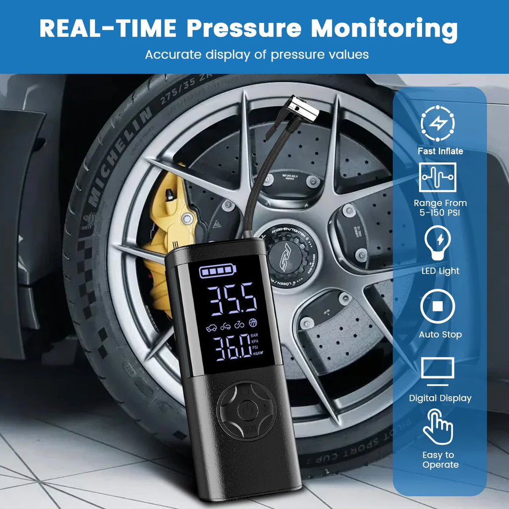 Cordless Digital Tire Inflator - Auto-Stop, 7-in-1 LED Display