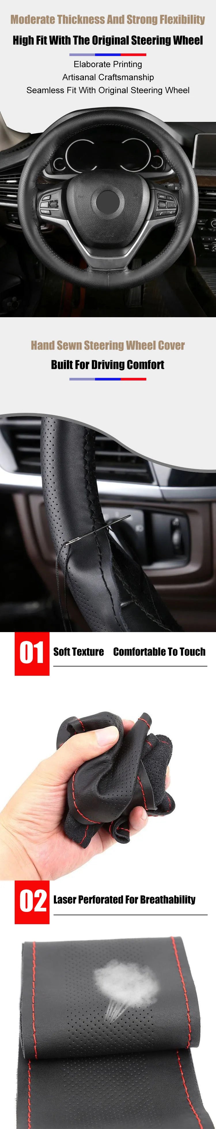 Premium Hand-Stitched Leather Steering Wheel Cover Kit