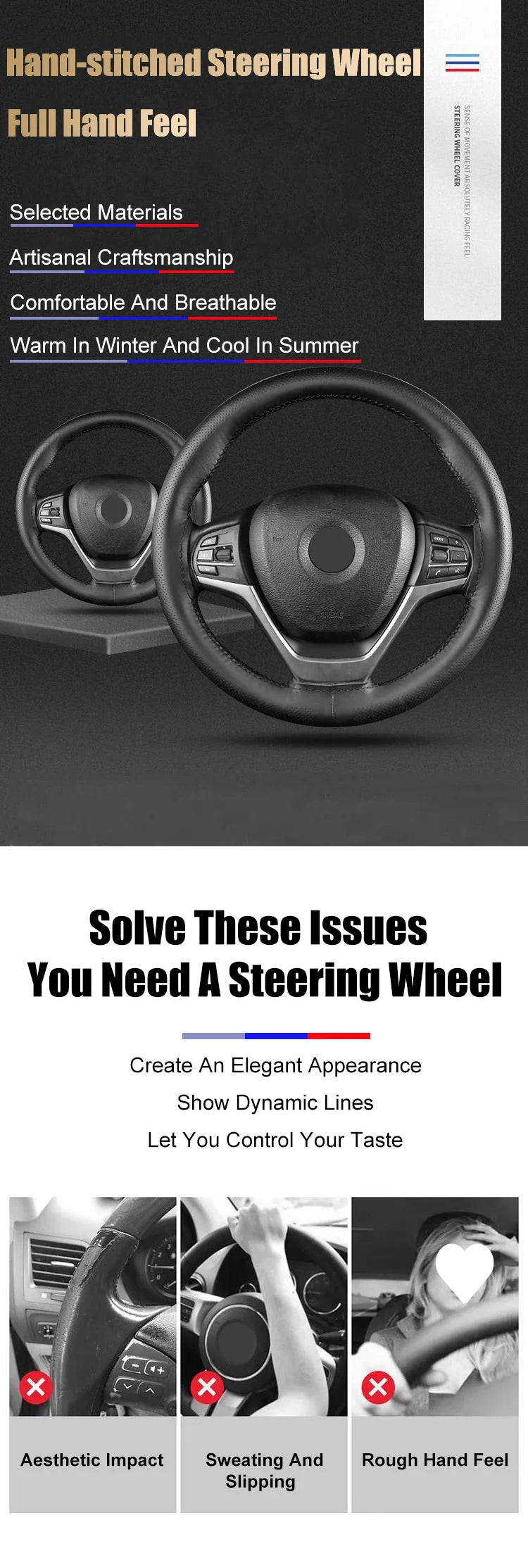 Premium Hand-Stitched Leather Steering Wheel Cover Kit