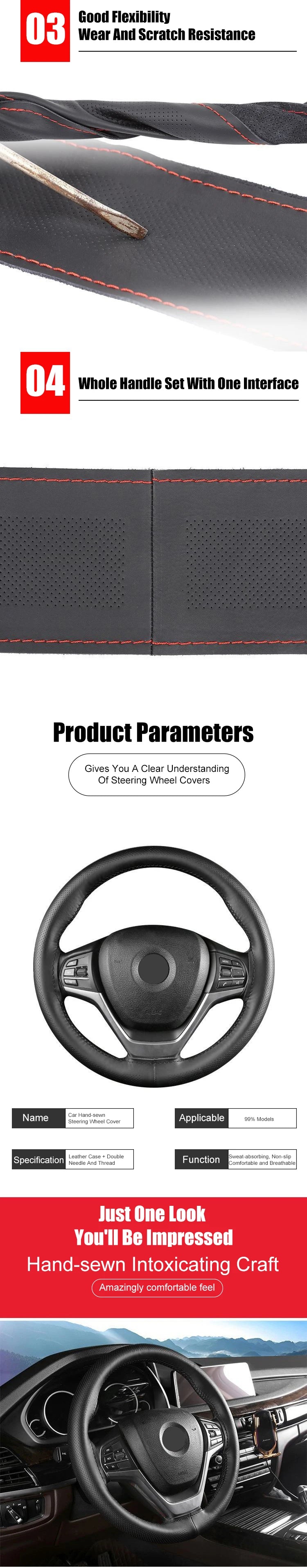 Premium Hand-Stitched Leather Steering Wheel Cover Kit