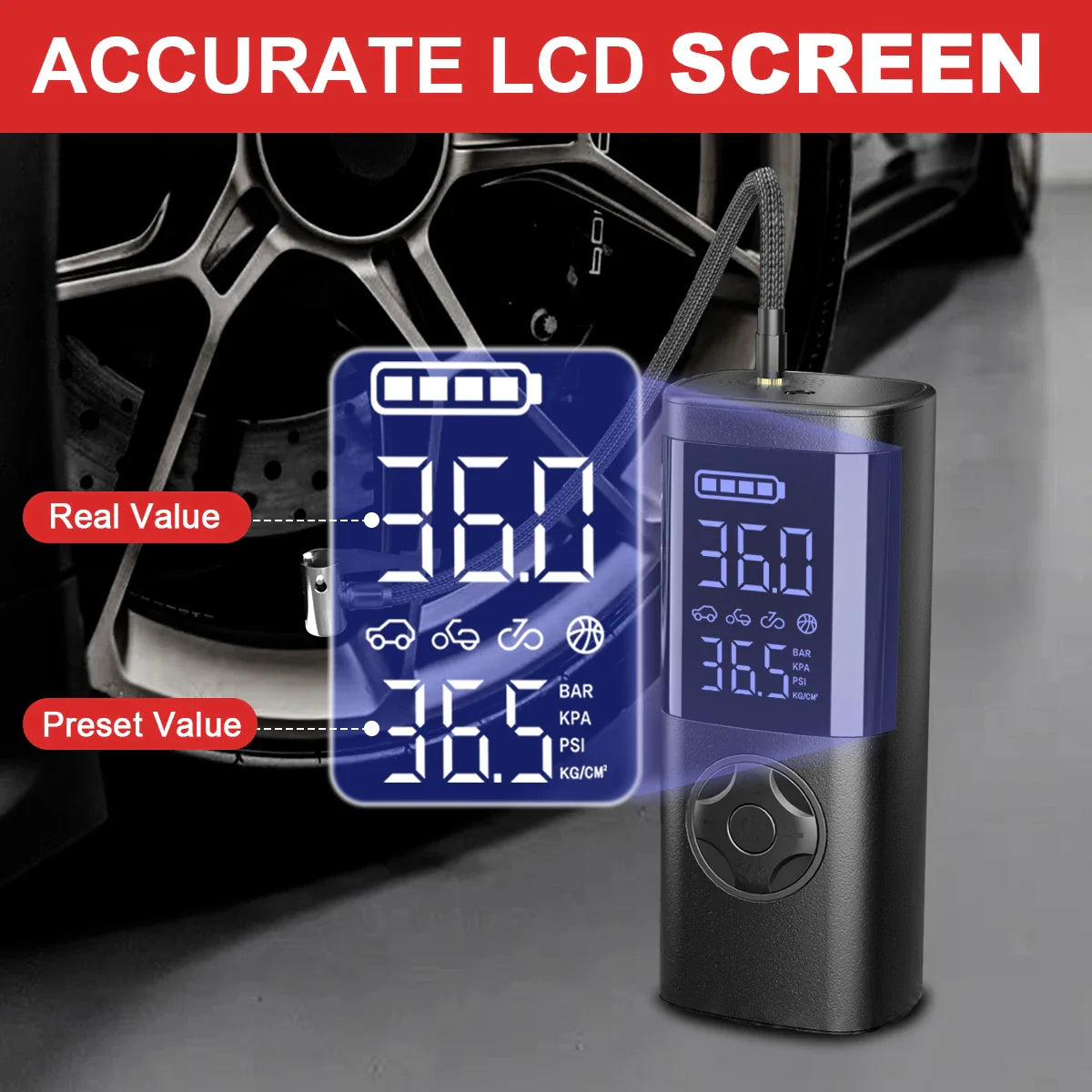 Cordless Digital Tire Inflator - Auto-Stop, 7-in-1 LED Display