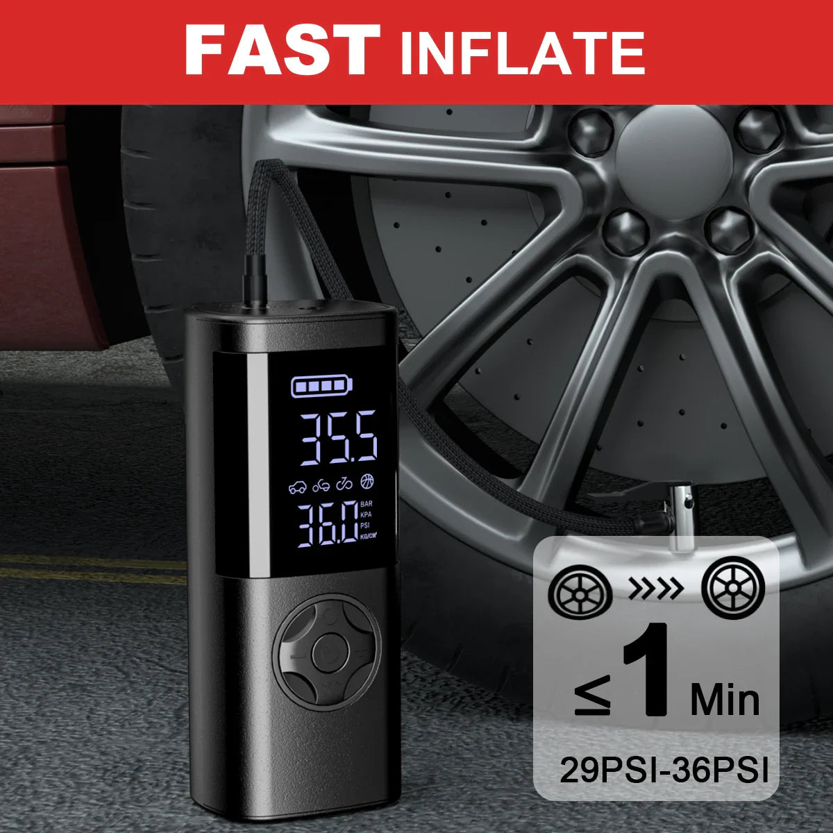 Cordless Digital Tire Inflator - Auto-Stop, 7-in-1 LED Display