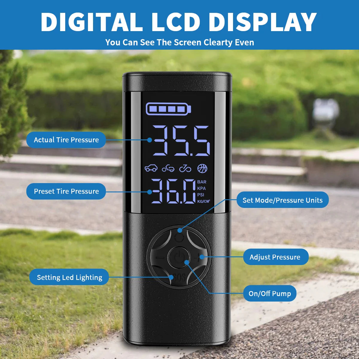 Cordless Digital Tire Inflator - Auto-Stop, 7-in-1 LED Display
